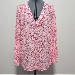 Michael Kors Floral Bell Sleeve Blouse Red Women Medium Western Boho Coastal